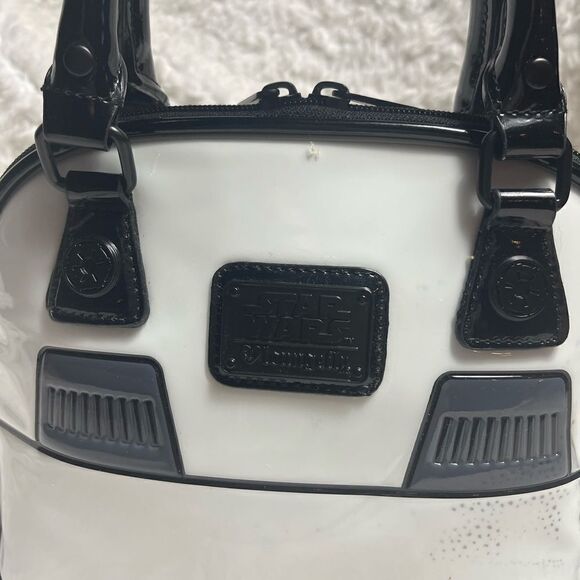 LOUNGEFLY STAR WARS STORMTROOPER SMALL DOME SATCHEL BLACK &WHITE PATENT. - Picture 3 of 15